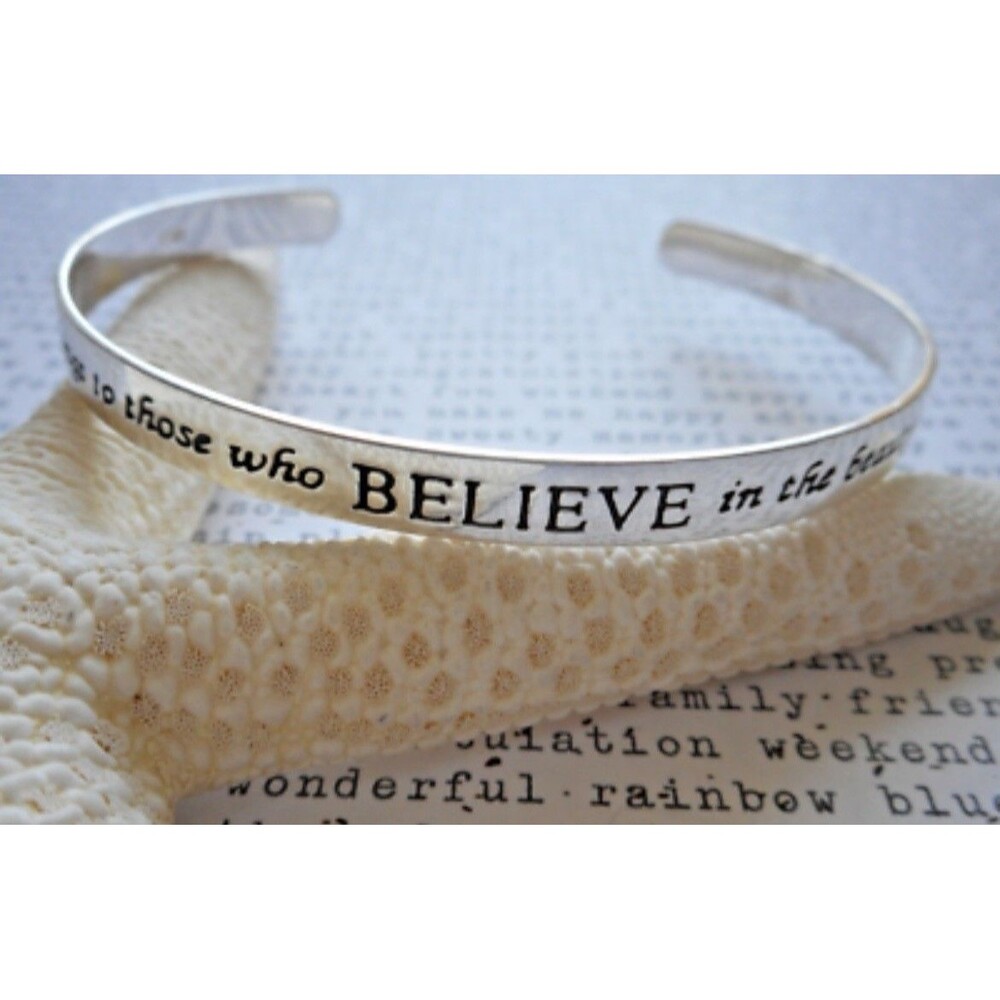 Silver Inspirational Believe Adjustable Cuff Bracelet With Gems
